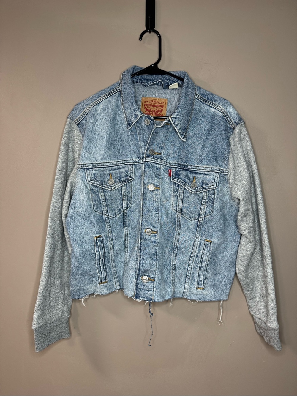 Levi's Light Blue Cropped Denim Jacket with Gray Sweatshirt Sleeves